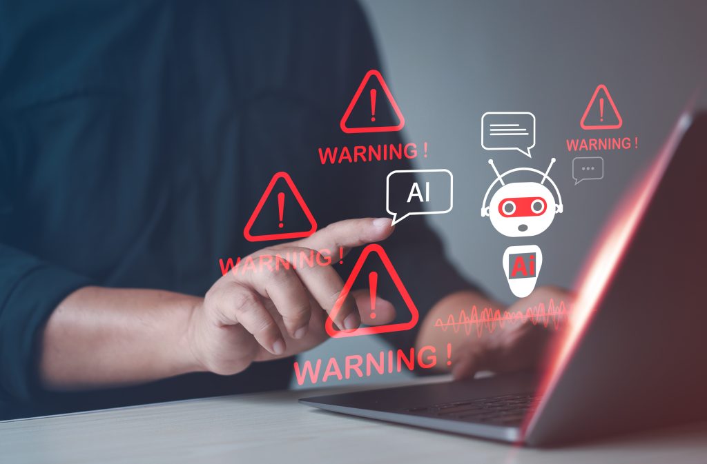 Person interacting with AI warning interface. Blockchain Verification for Government Documents.