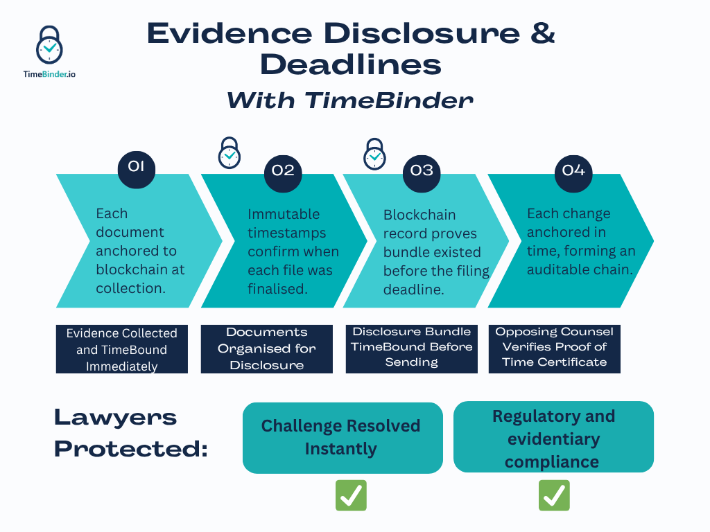 Evidence disclosure and timing process showing how lawyers are protected when using TimeBinder for blockchain evidence verification.