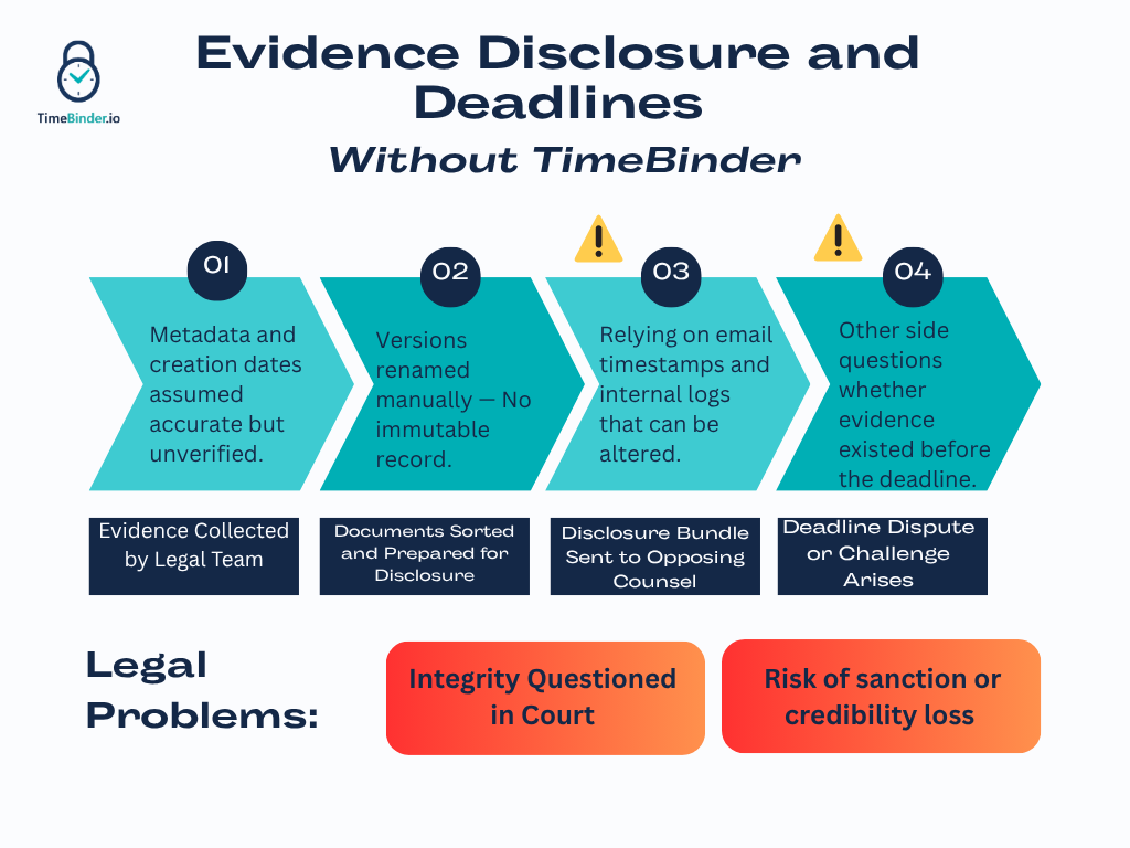 Flow chart showing the risks of evidence disclosure for lawyers when not using TimeBinder.